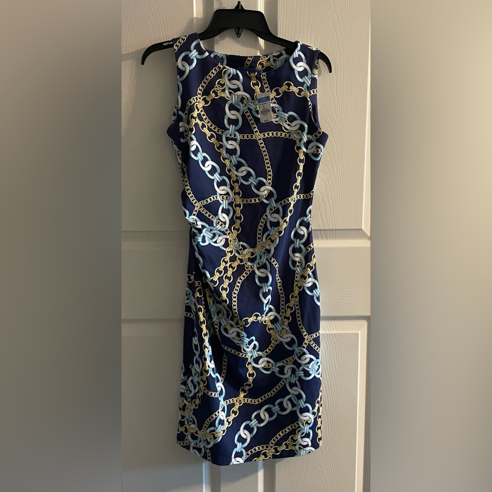 J. McLaughlin Sleeveless Blue Sage Chain link Print  Dress - Picture 2 of 5